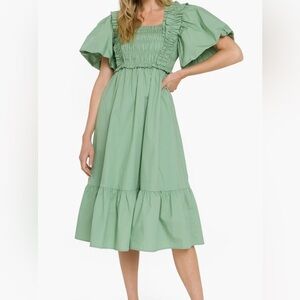 English Factory Green Smocked Midi Dress